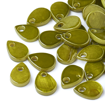 Freshwater Shell Charms, Spray Painted, teardrop, Olive, 8x6x1.5mm, Hole: 1.2mm