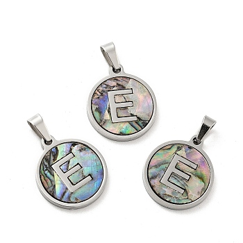 304 Stainless Steel with Paua Shell Pendants, Stainless Steel Color, Flat Round with Letter Charm, Letter.E, 18x16x1.5mm, Hole: 3x6mm