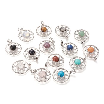 Natural & Synthetic Mixed Gemstone Pendants, Filigree Joiners Jewelry, with Crystal Rhinestone and Platinum Plated Brass Bails, Ring with Flower, Mixed Dyed and Undyed, 30x26x7.5mm, Hole: 5x8mm