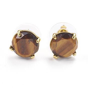 Natural Tiger Eye Stud Earrings, with Golden Tone Brass Findings, Faceted Flat Round, 11mm, Pin: 0.8mm