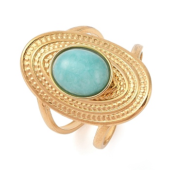 Oval Natural Amazonite Finger Rings, Ion Plating(IP) 304 Stainless Steel Cuff Rings for Women, Soldered, Real 14K Gold Plated, 24mm, Gemstone: 11.5x9.5mm, Adjustable