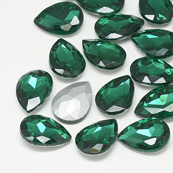 Pointed Back Glass Rhinestone Cabochons, Back Plated, Faceted, teardrop, Med.Emerald, 10x7x4mm
