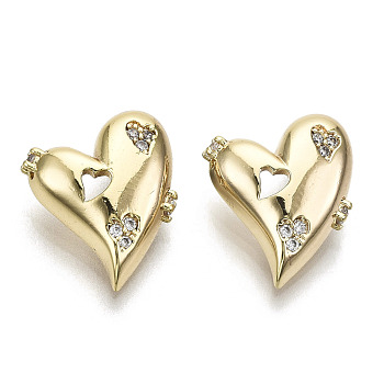 Brass Micro Pave Cubic Clear Zirconia Charms, Nickel Free, Heart, Real 18K Gold Plated, Clear, 13x11.5x3.5mm, Hole: 1.5x3.5mm