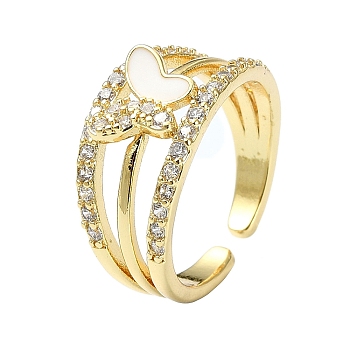 Rack Plating Real 18K Gold Plated Brass Rings, with Cubic Zirconia and Enamel, Long-Lasting Plated, Lead Free & Cadmium Free, Butterfly, White, Inner Diameter: 17mm