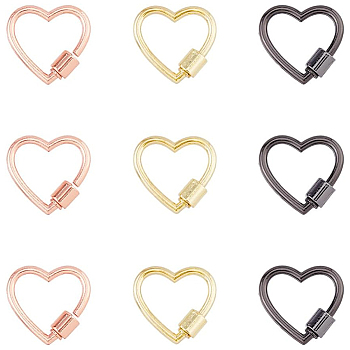 9Pcs 3 Colors Alloy Screw Carabiner Lock Charms, for Necklaces Making, Heart, Mixed Color, 21.5x23x2.5~6mm, 3pcs/color