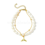 Multi-Strand Bracelets, with Natural Pearl Beads, 304 Stainless Steel Lobster Claw Clasps, Brass Whale Tail Shape Charms & Cable Chains, Golden, Creamy White, 19cm(7-1/2 inch)(BJEW-JB05369-03)
