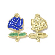 Rack Plating Alloy Enamel Pendants, Light Gold Tone Flower/Rose Charms, Blue, 22x14x2.5mm, Hole: 1.5mm(PALLOY-O109-14LG-05)