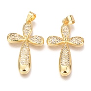 Brass Micro Pave Clear Cubic Zirconia Pendants, Cross, Real 18K Gold Plated, 31x19x3mm, Hole: 3mm(ZIRC-O038-09G)