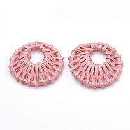 Handmade Spray Painted Reed Cane/Rattan Woven Pendants, For Making Straw Earrings and Necklaces, Dyed, Pearlized Effect, Flat Round, Flamingo, 39~43x5~5.5mm, inner diameter: 12~13mm(WOVE-N007-03D)