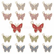 20Pcs 5 Colors Rack Plating Alloy Pendants, with Rhinestone, Light Gold, Butterfly, Mixed Color, 15x17x2.5mm, Hole: 1.8mm, 4pcs/style(ALRI-SC0001-19)
