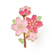 Pink Enamel Pin, Light Gold Alloy Badge for Backpack Clothes, Flower Pattern, 31.5x24x2mm, Pin: 1mm(JEWB-A007-01LG-B)