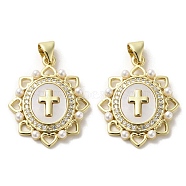 Brass Pave Shell Pendants, Religion Cross Charms with ABS Imitation Pearl, Real 18K Gold Plated, Cross, 24.5x20x2.5mm, Hole: 3.5x4mm(KK-I708-17F-G)