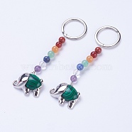 Synthetic Malachite Chakra Keychain, with Mixed Stone and Platinum Plated Brass Key Findings, Elephant, 92mm, Ring: 24x2mm, Bead: 6~7mm, Pendant: 23x26x7mm(KEYC-P040-E02)