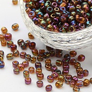 Round Glass Seed Beads, Transparent Colours Rainbow, Round, Dark Goldenrod, 4mm(SEED-A007-4mm-162C)