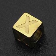 201 Stainless Steel European Beads, Large Hole Beads, Horizontal Hole, Cube, Golden, Letter.X, 7x7x7mm, Hole: 5mm(STAS-N090-LA063-X)
