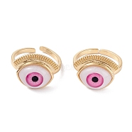 Brass Cuff Rings, Open Rings, with Resin Beads, Long-Lasting Plated, Real 18K Gold Plated, Evil Eye, Pink, 2mm, Inner Diameter: 18mm(RJEW-M138-26G-A)