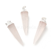 Natural Rose Quartz Pointed Pendants, Faceted Cone Charms, with Brass Findings, Silver, 34x8.5x8mm, Hole: 6.5x4mm(G-P487-02P)