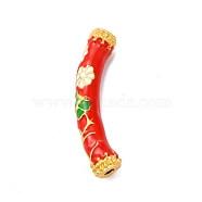 Pack Plating Alloy Enamel Beads, Matte Gold Color, Curved Tube with Flower, Red, 9.5x37x7mm, Hole: 3mm(ENAM-M048-33MG-B)