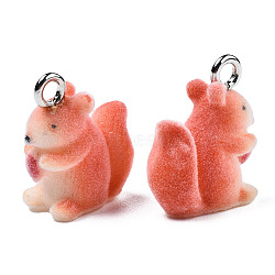 Flocky Resin Pendants, with Platinum Plated Iron Loops, Squirrel, Light Salmon, 18x15.5x8mm, Hole: 2.5mm(X-RESI-N032-05)
