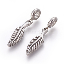 304 Stainless Steel Pendants, Large Hole Pendants, Feather, Antique Silver, 36mm, Hole: 5.3mm, Pendant: 25.5x8x3mm(STAS-E452-18AS)