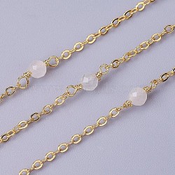 3.28 Feet Handmade Natural Moonstone Beaded Chains, Soldered, with Brass Findings, Real 18K Gold Plated, Long-Lasting Plated, 3mm(X-CHC-P007-E03)