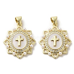 Brass Pave Shell Pendants, Religion Cross Charms with ABS Imitation Pearl, Real 18K Gold Plated, Cross, 24.5x20x2.5mm, Hole: 3.5x4mm(KK-I708-17F-G)