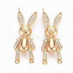 Brass Micro Pave Clear Cubic Zirconia Pendants, Nickel Free, Rabbit, Real 18K Gold Plated, 33x13x7mm, Hole: 1.4mm(KK-N231-266-NF)