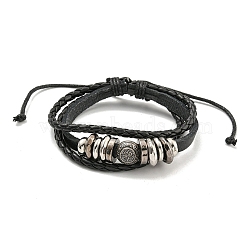 Braided PU Leather & Waxed Cords Triple Layer Multi-strand Bracelets, Alloy Beaded Bracelets, Flat Round, Inner Diameter: 2-1/4~3-3/4 inch(5.7~9.5cm)(BJEW-P329-10A-AS)