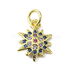 Brass Micro Pave Colorful Cubic Zirconia Pendants, with Jump Ring, Star Charm, Real 18K Gold Plated, 13.5x10x2mm, Hole: 3mm(KK-H475-19G-03)