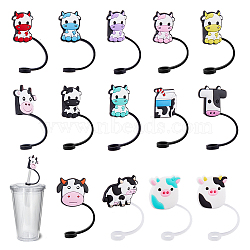 14Pcs 14 Style Cow Theme Silicone Straw Cap, Dustproof Covers, Reusable Drinking Straw Tips Cap, Mixed Shapes, 74~80mm, 1pc/style(AJEW-DC0001-46)