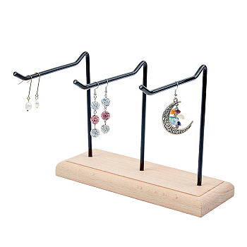 1-Tier 3-Row Wood Jewelry Display Stands, with Electrophoresis Black Tone Iron Findings, for Earrings, Bracelet, Keychain Organizer, BurlyWood, Finish Product: 21x16.5x16.5cm, about 4pcs/set