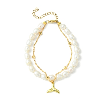 Multi-Strand Bracelets, with Natural Pearl Beads, 304 Stainless Steel Lobster Claw Clasps, Brass Whale Tail Shape Charms & Cable Chains, Golden, Creamy White, 19cm(7-1/2 inch)