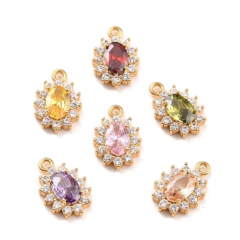 Real 18K Gold Plated Brass Micro Pave Cubic Zirconia Charms, Cadmium Free & Nickel Free & Lead Free, Oval, Mixed Color, 12x8x3mm, Hole: 1.2mm