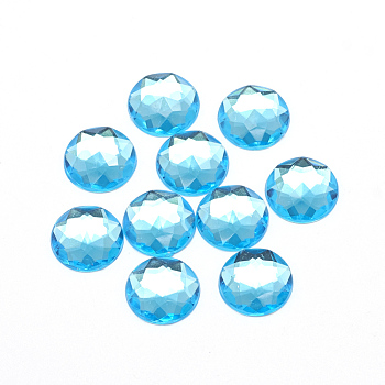 Acrylic Rhinestone Flat Back Cabochons, Faceted, Bottom Silver Plated, Half Round/Dome, Cyan, 8x3mm