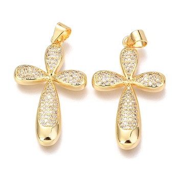 Brass Micro Pave Clear Cubic Zirconia Pendants, Cross, Real 18K Gold Plated, 31x19x3mm, Hole: 3mm