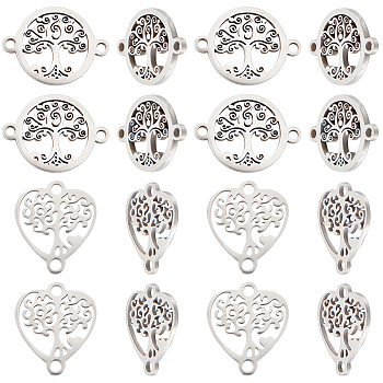 24Pcs 2 Styles 201 Stainless Steel Connector Charms, Tree of Life Links, Flat Round & Heart, Stainless Steel Color, 15~17.5x15~20x1~1.5mm, Hole: 1.2~1.5mm, 12pcs/style