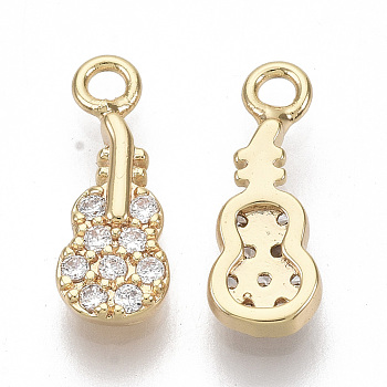 Brass Micro Pave Clear Cubic Zirconia Charms, Nickel Free, Guitar, Real 18K Gold Plated, 13x5x2mm, Hole: 1.4mm