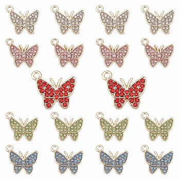 20Pcs 5 Colors Rack Plating Alloy Pendants, with Rhinestone, Light Gold, Butterfly, Mixed Color, 15x17x2.5mm, Hole: 1.8mm, 4pcs/style