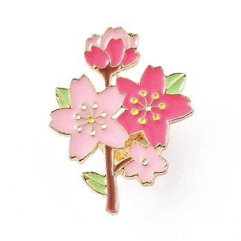 Pink Enamel Pin, Light Gold Alloy Badge for Backpack Clothes, Flower Pattern, 31.5x24x2mm, Pin: 1mm