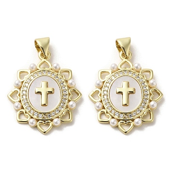Brass Pave Shell Pendants, Religion Cross Charms with ABS Imitation Pearl, Real 18K Gold Plated, Cross, 24.5x20x2.5mm, Hole: 3.5x4mm