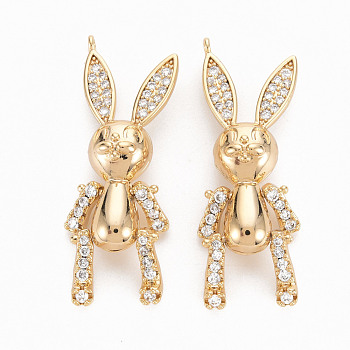 Brass Micro Pave Clear Cubic Zirconia Pendants, Nickel Free, Rabbit, Real 18K Gold Plated, 33x13x7mm, Hole: 1.4mm