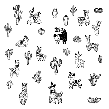 PVC Wall Stickers, Wall Decoration, Alpaca & Cactus, Plant & Animal Pattern, 800x390mm, 2 style, 1 sheet/style, 2 sheets/set
