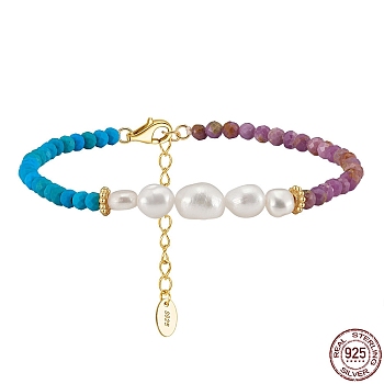 Dyed Natural Turquoise & Lepidolite & Pearl Beaded Bracelet, with 925 Sterling Silver Clasps, Real 14K Gold Plated, 6-5/8 inch(16.7cm)