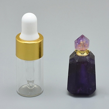 Faceted Natural Amethyst Openable Perfume Bottle Pendants, with Brass Findings and Glass Essential Oil Bottles, 30~40x14~18x11~14mm, Hole: 0.8mm, Glass Bottle Capacity: 3ml(0.101 fl. oz), Gemstone Capacity: 1ml(0.03 fl. oz)