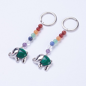 Synthetic Malachite Chakra Keychain, with Mixed Stone and Platinum Plated Brass Key Findings, Elephant, 92mm, Ring: 24x2mm, Bead: 6~7mm, Pendant: 23x26x7mm