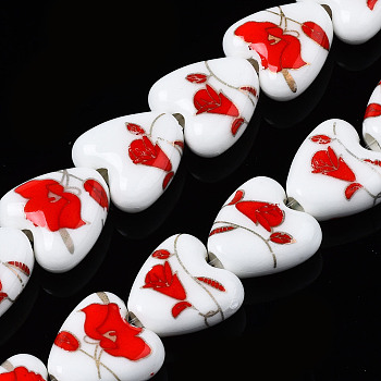 Handmade Porcelain Ceramic Beads Strands, Flower Printed, Heart, Red, 15x15x7mm, Hole: 3mm, about 23pcs/strand, 12.8 inches(32.5cm)