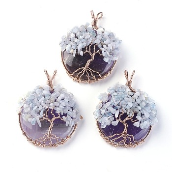 Natural Amethyst & Aquamarine Big Pendants, with Rose Gold Tone Brass Findings, Flat Round with Tree of Life, 58~61.5x44~48x14~16.5mm, Hole: 4~5x3.5~6mm