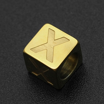 201 Stainless Steel European Beads, Large Hole Beads, Horizontal Hole, Cube, Golden, Letter.X, 7x7x7mm, Hole: 5mm