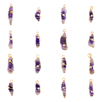 16Pcs Natural Gemstone Copper Wire Wrapped Pendants, Nuggets Charm, Golden, 24~44x8~15x5~15.5mm, Hole: 2.5~4mm