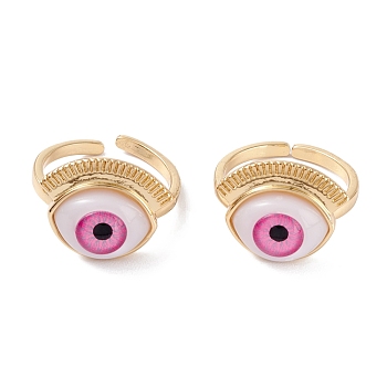 Brass Cuff Rings, Open Rings, with Resin Beads, Long-Lasting Plated, Real 18K Gold Plated, Evil Eye, Pink, 2mm, Inner Diameter: 18mm